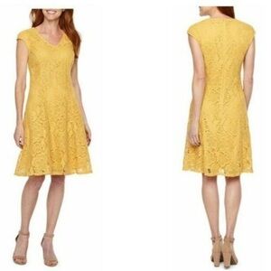 Liz Claiborne Floral Lace Cap Sleeve Yellow Dress